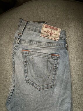 True Religion Light Blue Denim Jeans with Horseshoe Pocket Stitch